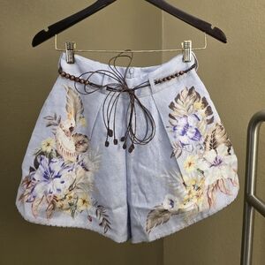 Zimmermann Pale Blue Hand-Painted Floral High-Waist Shorts